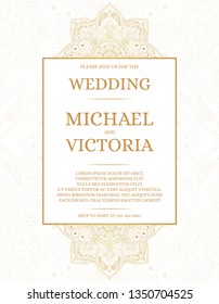 Traditional wedding invite card template vector. Vintage floral pattern with golden luxury background. Persian save the date design or bridal shower party invitation. 