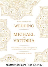 Traditional wedding invite card template vector. Vintage floral pattern with golden luxury background. Flower save the date design or bridal shower party invitation. 