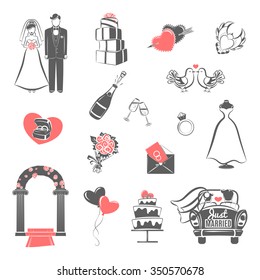 Traditional wedding two colors icons set with engaged couple and bridal party accessories abstract isolated vector illustration