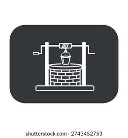 Traditional well bucket system drawing showcasing a rustic water extraction mechanism with rope and pulley over a cylindrical brick well structure