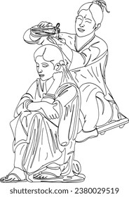 Traditionelle Wellness Ritual: Indian Village Women Sharing Head Oil Massage - Cartoon Illustration, Kulturheilpraktiken: Sketch-Zeichnung des indischen Dorfmädchens, das Öl auf Frauenköpfe auswirft