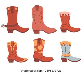 Traditional western browncow boy boot.Wild West fashion.Vintage embroidered leather boots. Cowgirl boots.Old shoes.Isolated on white background.Cowboy boot.Vintage western icon.Gringo cowboy boots.