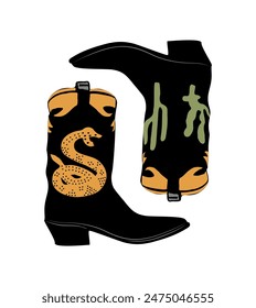 Traditional western cowboy boots decorated with embroidered wild west ornament, snake and cactuses. Pair of brown leather cowgirl boots. Realistic vector art illustration on white background.