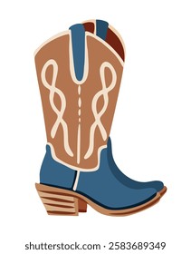 Traditional western cowboy boots decorated with embroidered wild west ornament. Flat vector illustration isolated on white background. 