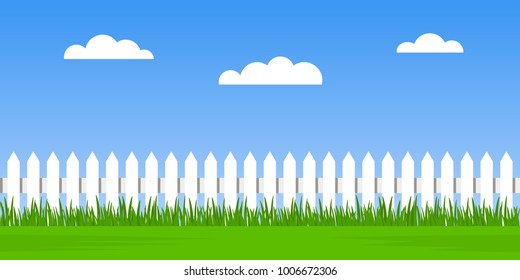 Traditional white fence with green grass against a cloudy sky background. summer landscape seamless. flat vector illustration isolated on white background