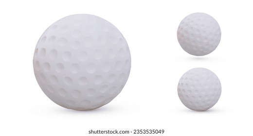 Traditional white golf ball. Set of 3D illustrations. Round accessory for outdoor sports. Ball is in flight, lying. Image on white background. Shadows at different distances