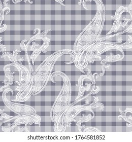 traditional white paisley pattern on grey stripe background