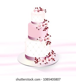 Traditional white and pink tiered wedding cake decorated with sweet pink cherry blossom flowers. Vector illustration.