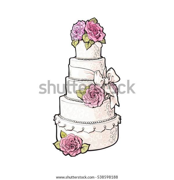 Traditional white tiered wedding cake decorated\
with pink marzipan roses, sketch style illustration isolated on\
white background. Layered wedding cake with five tiers, white icing\
and pink roses