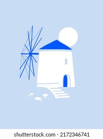 Molino blanco tradicional con techo azul. El paisaje mediterráneo. Isla Santorini, Grecia. Elemento de diseño para los productos de recuerdo. Ilustración vectorial aislada.