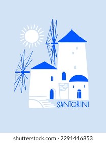 Traditional white windmill with a blue roof. Mediterranean landscape. Santorini island, Greece. Design element for souvenir products. Vector illustration isolated.