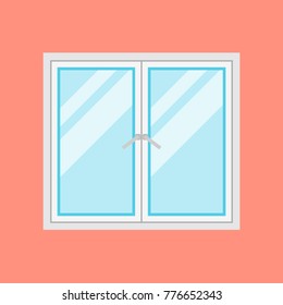 Traditional white window frame isolated on orange background. Closed flat vector window element of architecture and interior design. EPS