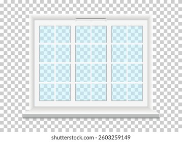 Traditional white window frame on transparent background. Wide realistic closed window with windowsill. Modern triple residential window with transparent glass and lamp. Template for interior design. 