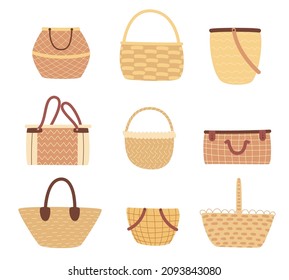 Traditional wicker baskets. Containers for storage and carrying products. Eating in nature. Handbags for outdoor picnic or shopping. Natural rattan hampers. Vector handmade bags set