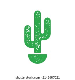 Traditional wild Mexican desert cactus in bowl pot monochrome green grunge texture vector illustration. Simple tropical plant covered by needles summer peyote flower decorative design isolated