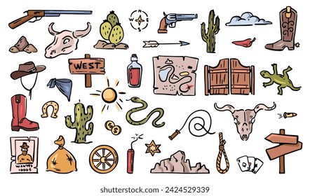 Objetos salvajes tradicionales del oeste, iconos aislados del doodle. Vector plano de dibujos animados, cráneo de animal muerto, pistola y puertas de salón. Cactus y rocas, naturaleza y rocas. Botas de sheriff y criminal buscado