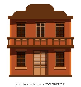 Traditional wild west saloon building with a balcony, bathed in warm sunlight
