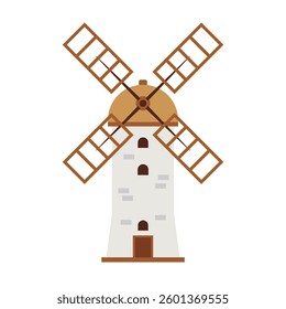 Traditional windmill in flat style on isolated background. Stroke Editable