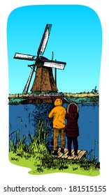 A traditional windmill in Holland. Kinderdijk. Vector color illustration.