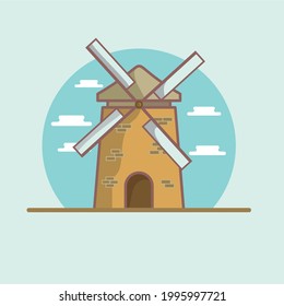 Traditional Windmill Illustration, Flat design,  on blue background