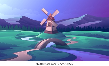 Traditional windmill near a small bridge crossing a winding stream in the countryside. Vector illustration with a calm rural mood.