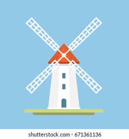 A traditional windmill on a blue background. Icon. Symbol of agriculture. Vector Flat Illustration