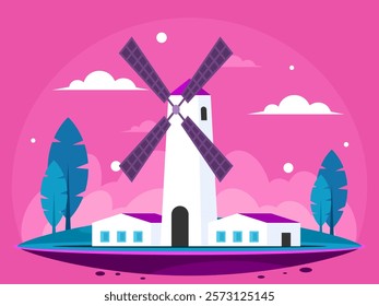 Traditional windmill on meadow. Traditional windmill building with outbuildings. Rural landscape. Vector graphics