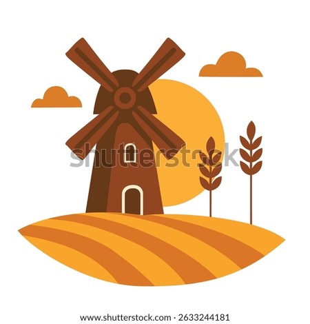Traditional windmill on yellow farmland with wheat and big sun. Flat vector illustration. Agriculture and countryside landscape concept. Design for postcard, banner, wallpaper, greeting card