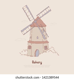 Traditional windmill, rural architecture, flour making, cereal grains mil, countryside lifestyle, bakery, agriculture banner