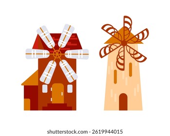 Traditional windmills generating renewable energy in the countryside