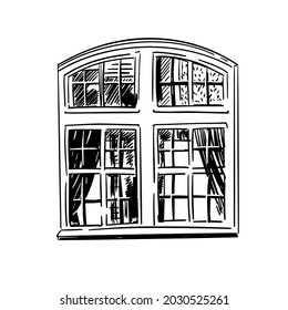 Traditional window in English house. Vector hand drawn illustration.