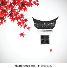Traditional window with typical Chinese design elements on white wall  and red maple leaves. Traditional oriental ink painting sumi-e, u-sin, go-hua