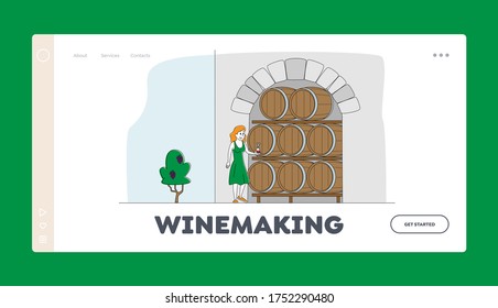 Traditionelles Weinkastensystem, industrielle Landing Page Vorlage Weibliche Winzer Charakter Verkostung Wein im Weinkeller mit Eichenfässern. Weinbereitung, Fermentation. Vektorgrafik von Linear People