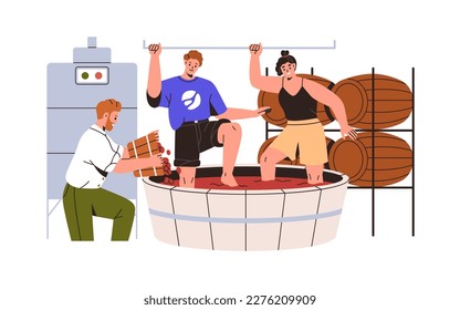 Traditionelle Weinbereitung, Traubenbezug, Stammpflanzung. Barefoot Winzer, die mit Füßen in den Weinkeller gehen, um Wein herzustellen, zu produzieren und zu produzieren. Flache Vektorgrafik einzeln auf weißem Hintergrund