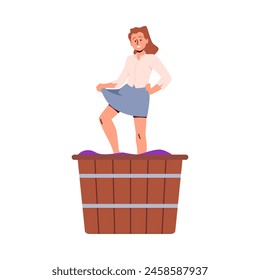 Traditional winemaking. Vector image of a woman crushing grapes in a barrel with her feet during the harvest festival. Flat illustration on isolated background.