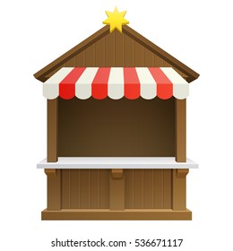 traditional winter Christmas fair market wooden booth gift shop isolated on white background. vector illustration