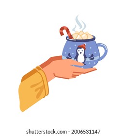 Traditional winter drink of cocoa with melting marshmallows poured in cup. Hands holding beverage with candy stick, mug with xmas penguin decoration. Vector in flat cartoon style illustration