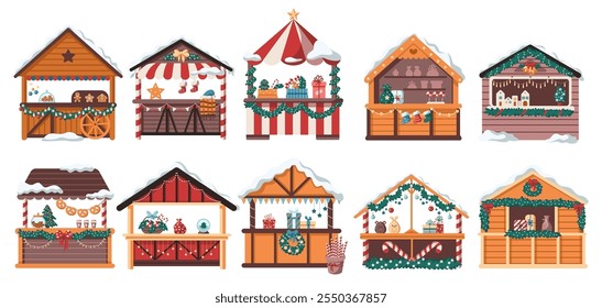 Traditional winter fair vintage stalls flat color vector objects set. Selling food and souvenirs for Christmas illustrations on white background