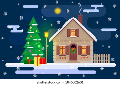 Traditional winter holiday celebration. Christmas illustration, vector.
