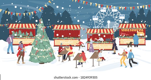 Traditional winter holiday celebration. Night christmas fair under snowfall. People visiting fairground having fun rest. Food drink local street market, outdoor cafe around decorated xmas tree