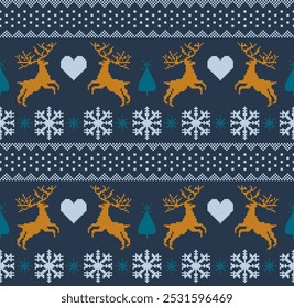 Traditional winter holiday fair isle knit Vector Pattern. Timeless folk motifs with reindeers in love navy blue yellow seamless pattern.