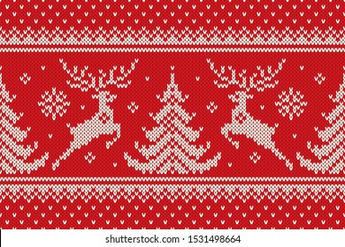 Traditional Winter Holiday Knitting Pattern with Reindeers and Christmas Trees. Scheme for Wool Knit Christmas Sweater Design or Cross Stitch Embroidery. Vector Seamless Background