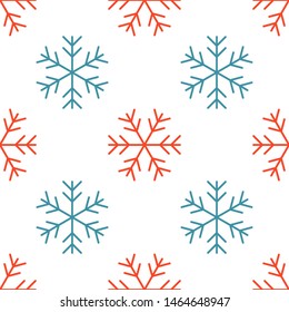 Traditional winter pattern of simple snowflakes of blue and red on white background, seamless vector illustration.