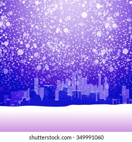 Traditional winter urban outdoor illustration with snow. Vector drawn card and banner design. Bright Blue city background. Season drawings.