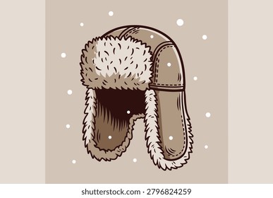 Traditional winter ushanka hat with warm fur lining and ear flaps shown against a background of gentle falling snow for cold weather fashion.