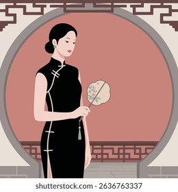 Traditional Woman in Black Cheongsam Holding Fan