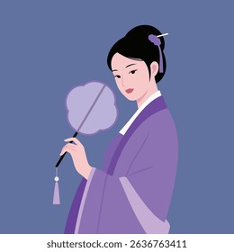 Traditional Woman Holding Fan in Purple Attire