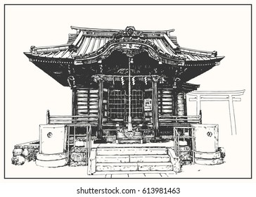 Traditional wood small Japan shrine view. Isolated black and white dashed style sketch, line art, drawing with pen and ink. 