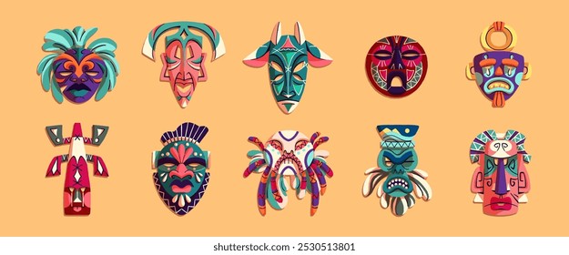 Conjunto tradicional de máscaras de madeira africana. Diferentes rostos coloridos de ídolos tribais, totens. Decoração étnica cerimonial em tribos na África. Cultura dos aborígines, Inca. Ilustrações isoladas planas de vetor