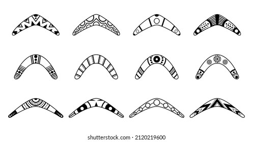 Traditional Wooden Boomerang Of Different Shapes Icons Set Isolated On White Background. Australian Native Hunting And Sport Weapon. Aboriginal Wooden Boomerang Icon. Vector Illustration